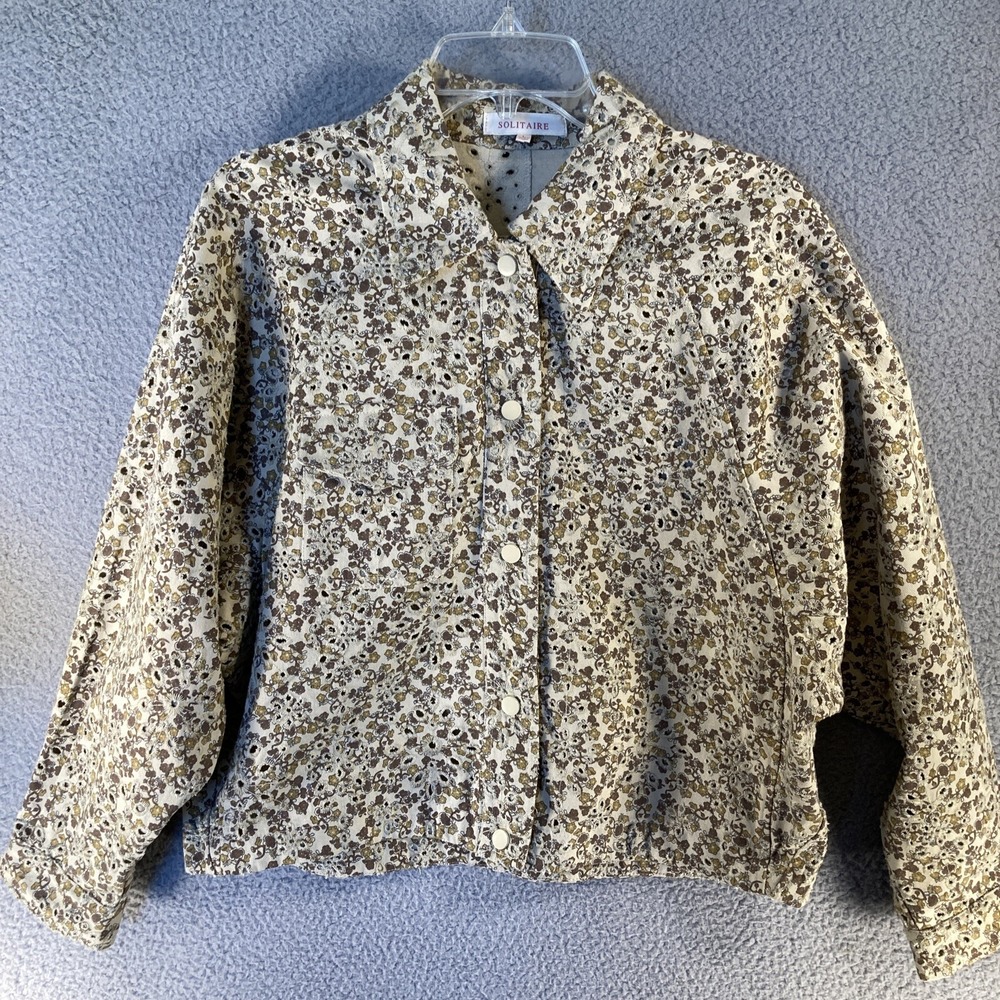 Solitaire Floral Eyelet Jacket Womens Large Tan Brown Button Up Embroidered L